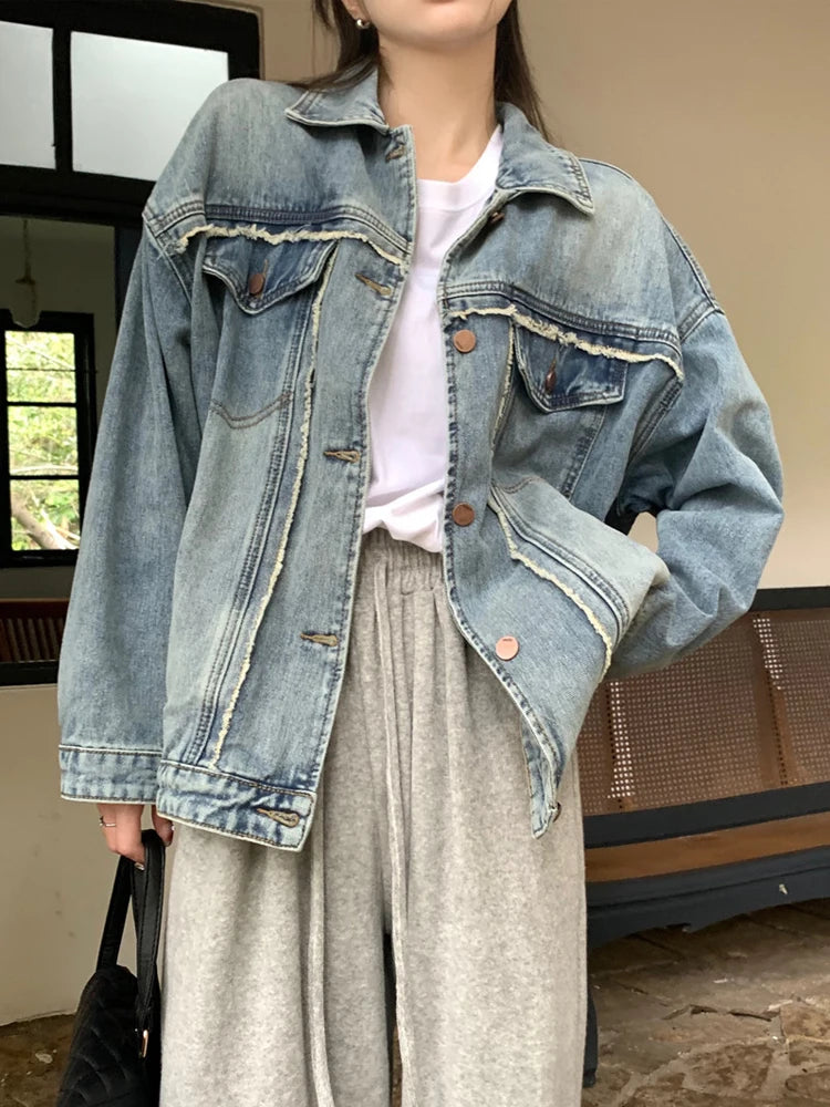 Oklulu Vintage Denim Jacket Women Autumn Washed Jean Coats Lady Korean Fashion Single Breasted Outerwear Casual Loose Jacket Streetwear