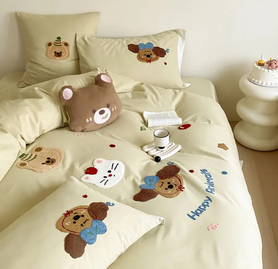 OKLULU  -  Fashion cute embroidery dog cat bear bed set 1.2 1.5 1.8,twin full queen cotton home textile bed sheet pillow case duvet cover