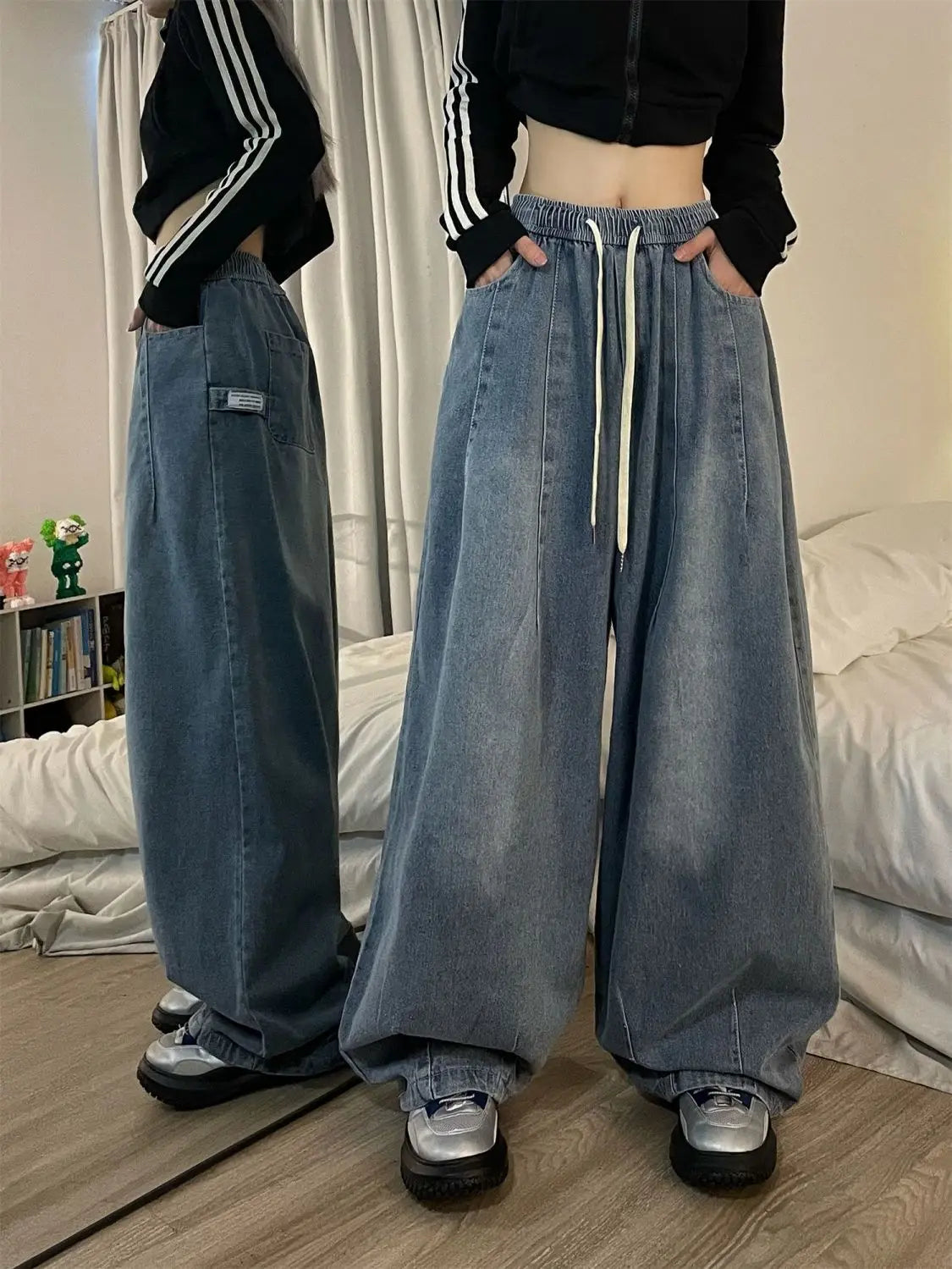 Oklulu  Women Vintage Baggy Jeans Y2K Elastic High Waist Oversize Street wear Trouser Denim Wide Leg Straight Basic Pants Spring