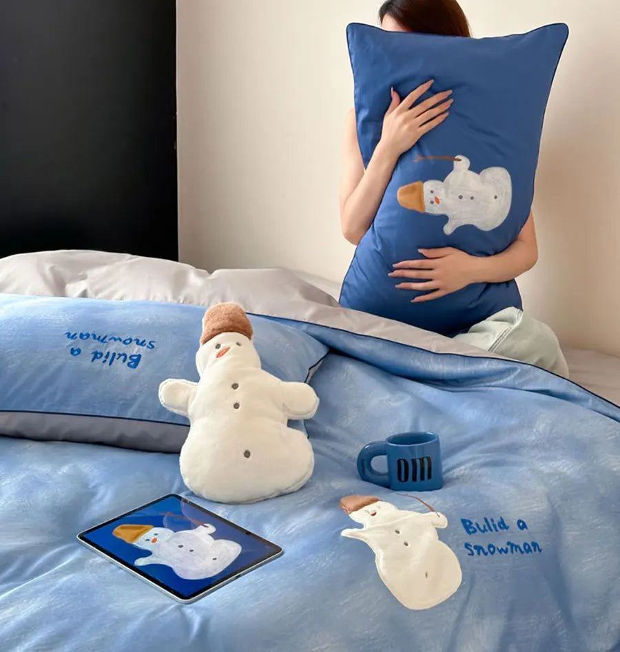 OKLULU  -  Cute cartoon snowman blue bedding set,full queen king lovely kawaii 100s cotton home textile bed sheet pillow case duvet cover