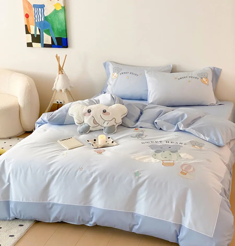 OKLULU  -  Fashion cute embroidery blue elephant balloon bedding set,full queen king cotton home textile bed sheet pillow case duvet cover