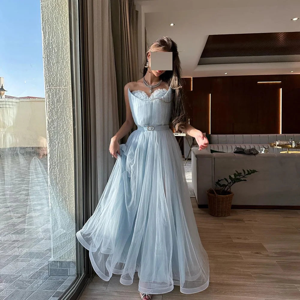 Strapless Prom Dresses A-Line Sky Blue Backless Pleat Long Tulle Evening Dress Sleeveless Simple Floor-Length Party Gowns