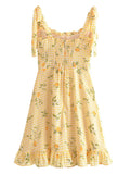 Oklulu Women Plaid Lemon Print Yellow Sling Short Dress Vintage Ladies Summer A-line Chiffon Dress French Style Vestido