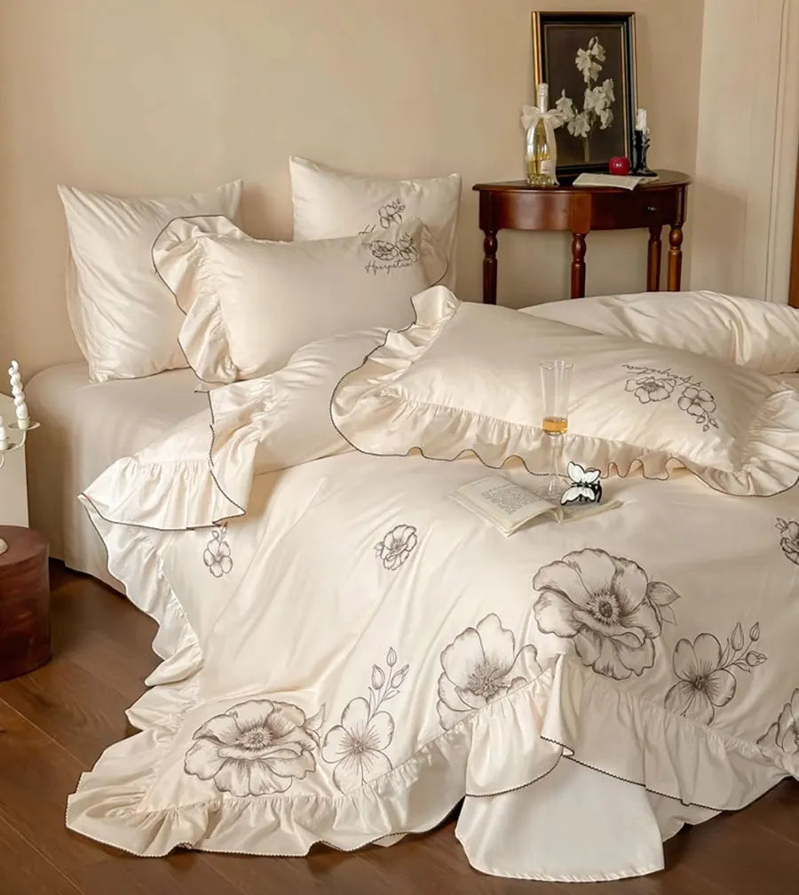 OKLULU  -  French embroidery flower bedding set,full queen king fairyfair ruffled cotton home textile bed sheet pillow case quilt cover