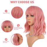 OKLULU  -  Short Pink Curly Wavy Synthetic Natural Hair wigs for Women Bob Straight Wig with Bangs High Temperature Daily Cosplay Party Wig