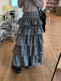 OKLULU  -  Harajuku Tiered Plaid Skirt Pleated High Waist Long Maxi Cake Skirt Mujer Summer Fashion Tshirt Sexy Two Piece Set Women