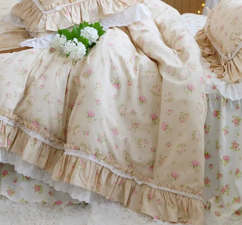 Oklulu High End American Floral Bedding Set Luxury Egyptian Cotton Elegant Ruffle Lace Duvet Cover Bed Skirt Bedspread Pillowcases