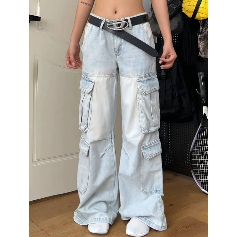 OKLULU  -  Womens Jeans High Waist Baggy Vintage Multiple Pockets Straight Hip Hop Y2K Pants Streetwear American Wide Leg Denim Trouser