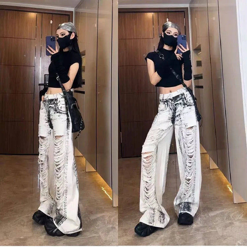 OKLULU  -  Women Grey Ripped Jeans High Waist America Feeling Street Wide Leg Pants Y2K Vintage Ins Straight Baggy Plus Size Denim Trousers