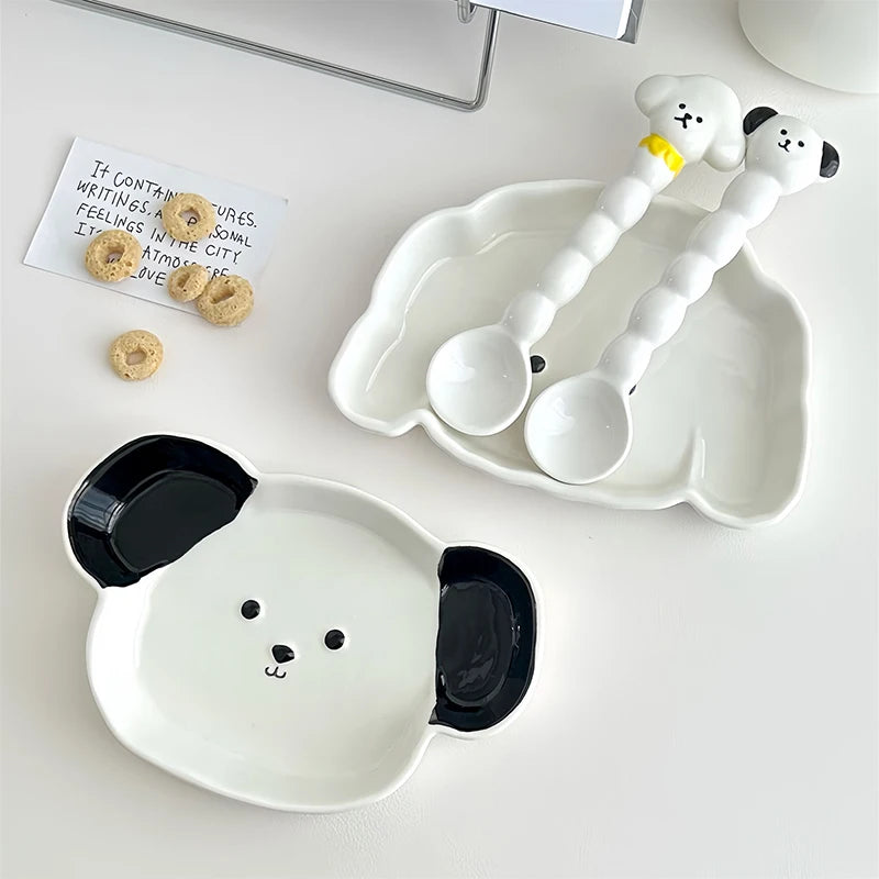 OKLULU Cute Korean Ceramic Plates Spoon For Food Kawaii Cartoon Dinner Breakfast Cake Dessert Salad Decorative Dishes Kitchen Tableware