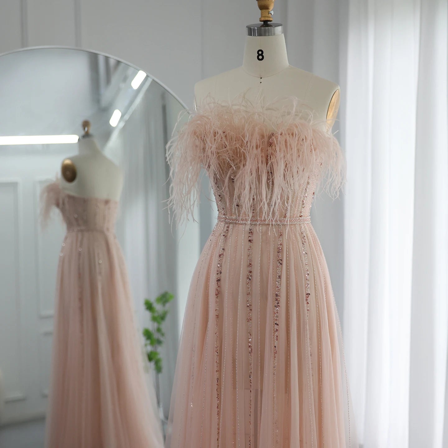 Luxury Blush Pink Feathers Dubai Evening Dress for Women Wedding Party Arabic Long Elegant Formal Prom Dresses