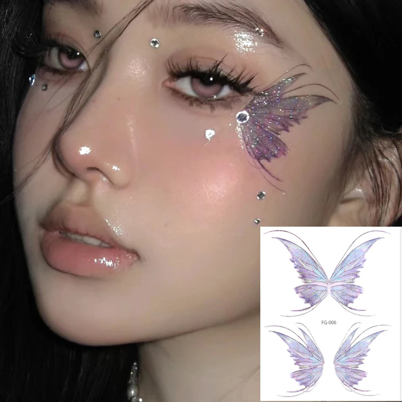 OKLULU  -  3D Fairy Butterfly Wings Shiny Tattoo Sticker Waterproof Eyes Face Body Art Fake Tattoos For Women Makeup Dance Music Festival