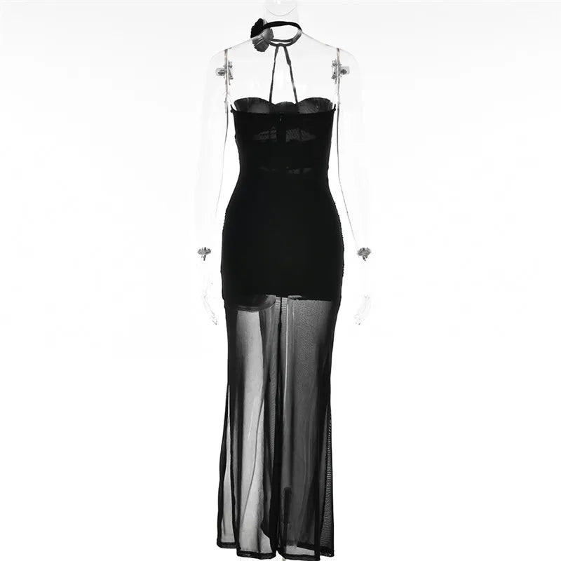 Sexy Strapless Flower Mesh Women Dress Black Hollow Out Ruched Maxi Dress Autumn Woman Elegant Party Club