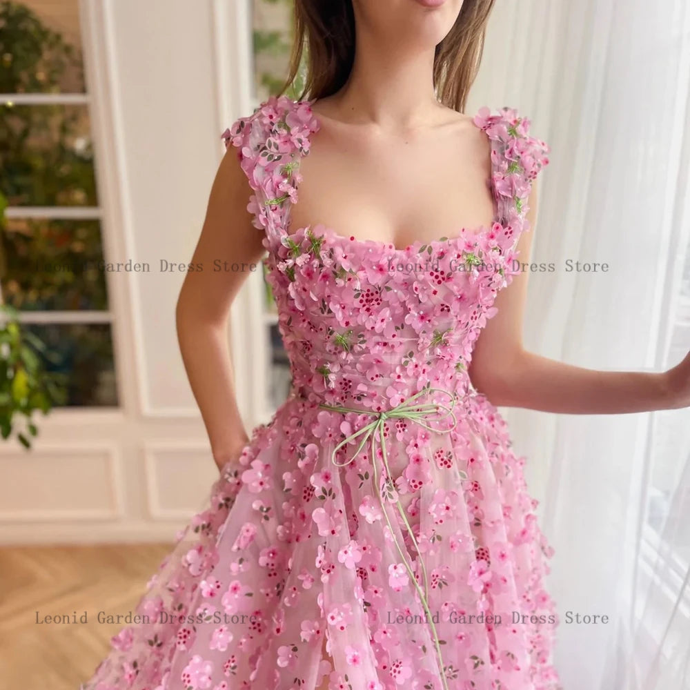 Flowers Pink Prom Dresses Square Neck Sleeveless Tulle Party Gowns A-Line Evening Dress Floor Length Front Slit