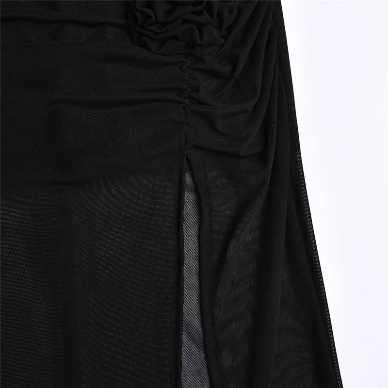 Sexy Strapless Flower Mesh Women Dress Black Hollow Out Ruched Maxi Dress Autumn Woman Elegant Party Club