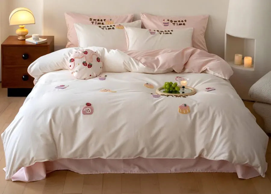 OKLULU  -  Cute sweet towel embroidery cake bedding set,twin full queen king lovely cotton home textile bed sheet pillow case quilt cover