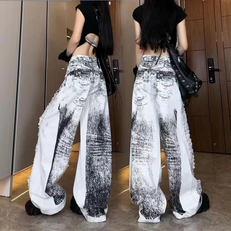 OKLULU  -  Women Grey Ripped Jeans High Waist America Feeling Street Wide Leg Pants Y2K Vintage Ins Straight Baggy Plus Size Denim Trousers