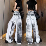 OKLULU  -  Women Grey Ripped Jeans High Waist America Feeling Street Wide Leg Pants Y2K Vintage Ins Straight Baggy Plus Size Denim Trousers