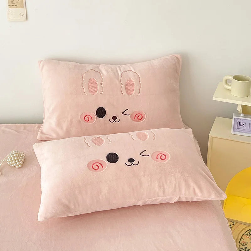 Pink Cute Cartoon Rabbit Applique Embroidery Bedding Set Velvet Fleece Duvet Cover Bed Sheet Fitted Sheet Bed Skirt Pillowcases