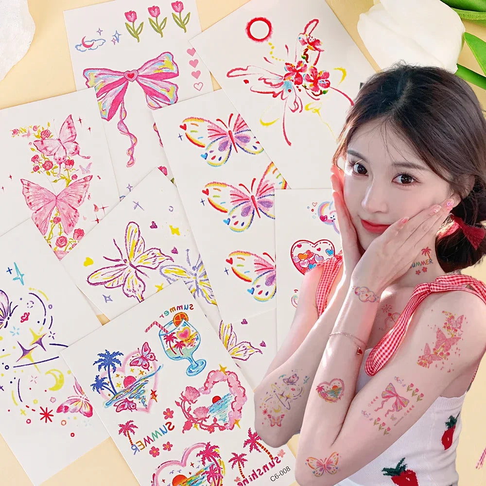 Oklulu  Self Adhesive Temporary Sticker Tattoo Flower and Butterflies Colorful Body Art Tattoos Waterproof Fake Colorful Arm Body Tattoo