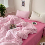 Oklulu 4pcs Contrast Duvet Cover Set With Flat Sheet Summer Bedding Set Pillowcase Solid Rosered Bedclothes Full Single Home Texitile