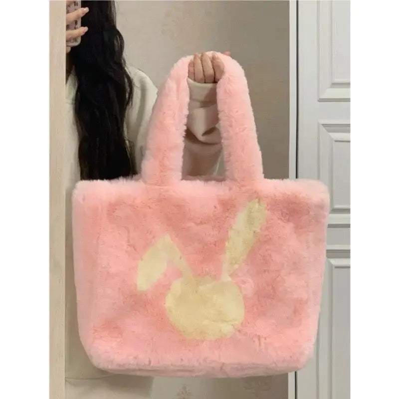 OKLULU  -   Large Capacity Brown Shoulder Bags Women Harajuku Rabbit Pattern Plush Tote Bag Ladies Vintage Casual Handbags Aesthetic