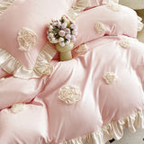 Oklulu 3Pcs Pink Korean Style Princess Lace Ruffles Skin-friendly Soft Flowers Embroidery Bedding Set Duvet Cover Set With Pillowcases