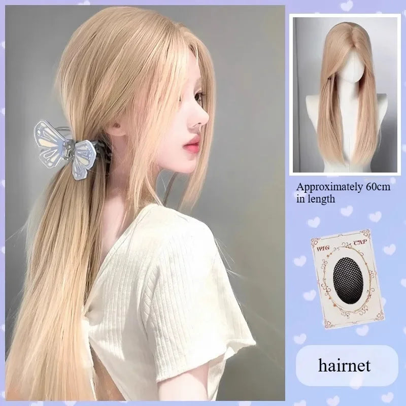 OKLULU  -  Long Silky Straight Synthetic wigs White gold color daily Cosplay Party Lolita Hair Wigs for Women Natural Heat Resistant Wig 가발