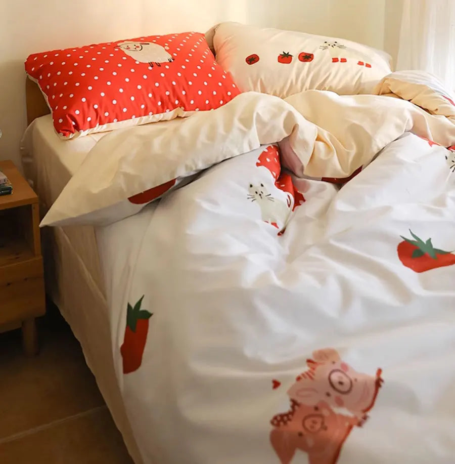 OKLULU  -   Cute Cartoon Pig Cat Red Bedding Set1.2 1.5 1.8 2.0,twin Full Queen King Cotton Home Textile Bed Sheet Pillow Case Quilt Cover