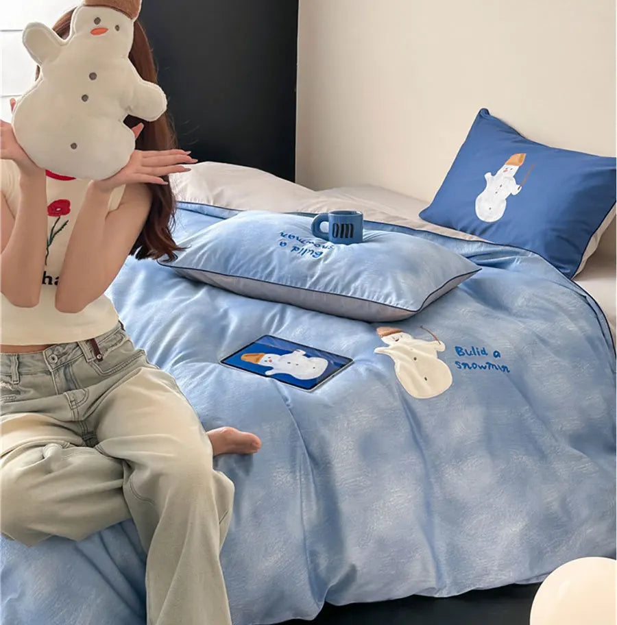 OKLULU  -  Cute cartoon snowman blue bedding set,full queen king lovely kawaii 100s cotton home textile bed sheet pillow case duvet cover