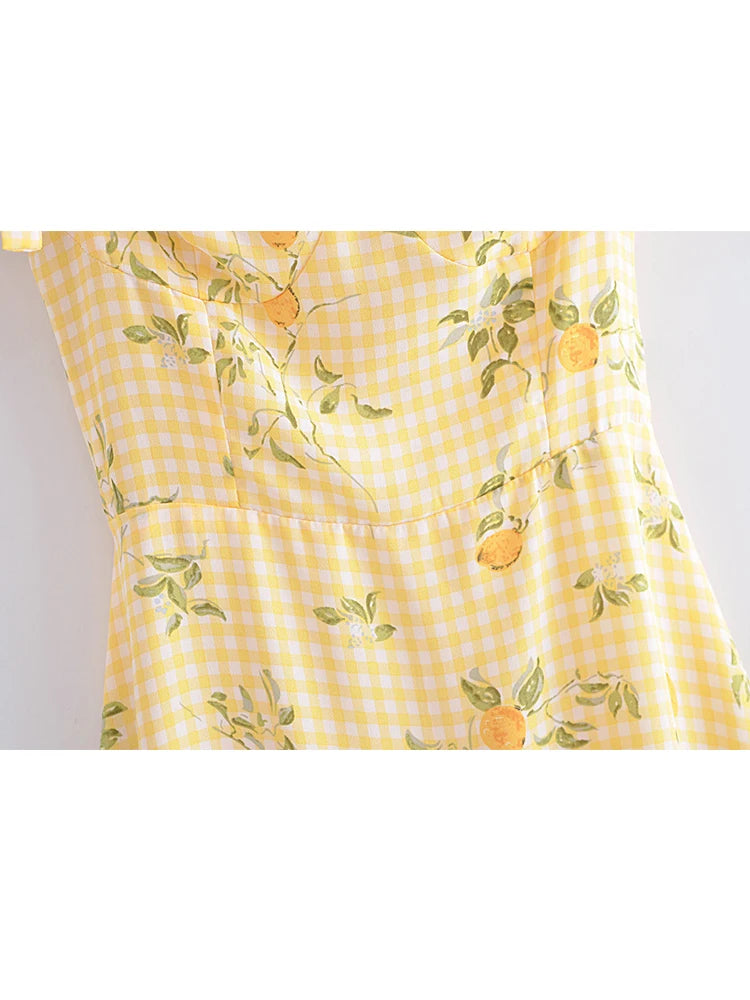 Oklulu Women Plaid Lemon Print Yellow Sling Short Dress Vintage Ladies Summer A-line Chiffon Dress French Style Vestido