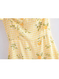 Oklulu Women Plaid Lemon Print Yellow Sling Short Dress Vintage Ladies Summer A-line Chiffon Dress French Style Vestido