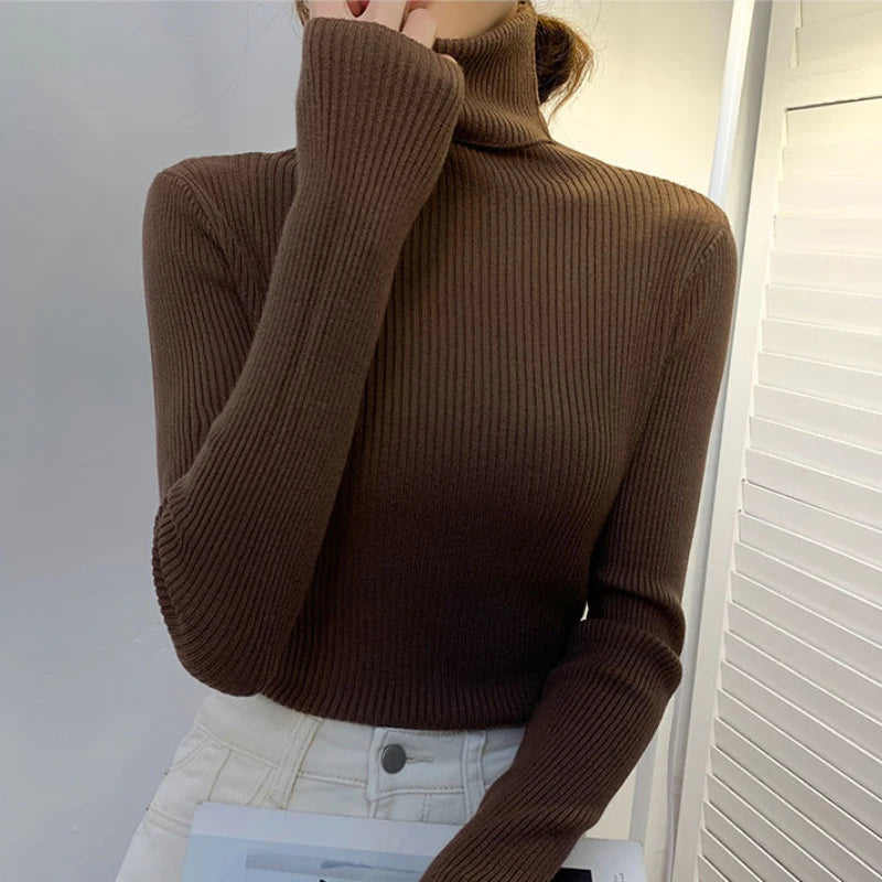 Oklulu Harajuku Pullover Turtleneck Sweater Women Fall Soft Knit Sweater Slim Elastic Korean Simple Basic Cheap Jumper Solid Tops