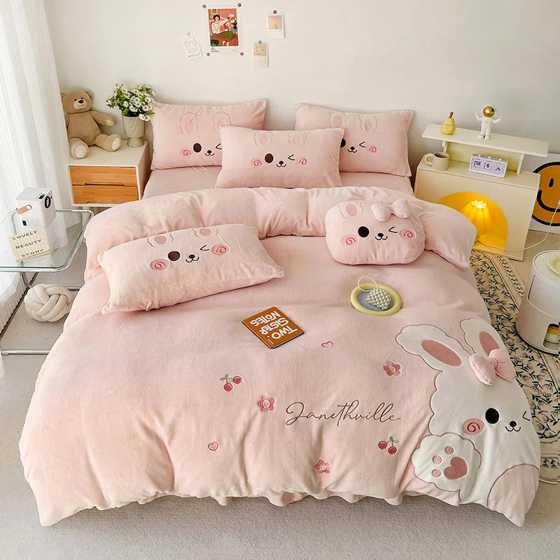 Pink Cute Cartoon Rabbit Applique Embroidery Bedding Set Velvet Fleece Duvet Cover Bed Sheet Fitted Sheet Bed Skirt Pillowcases