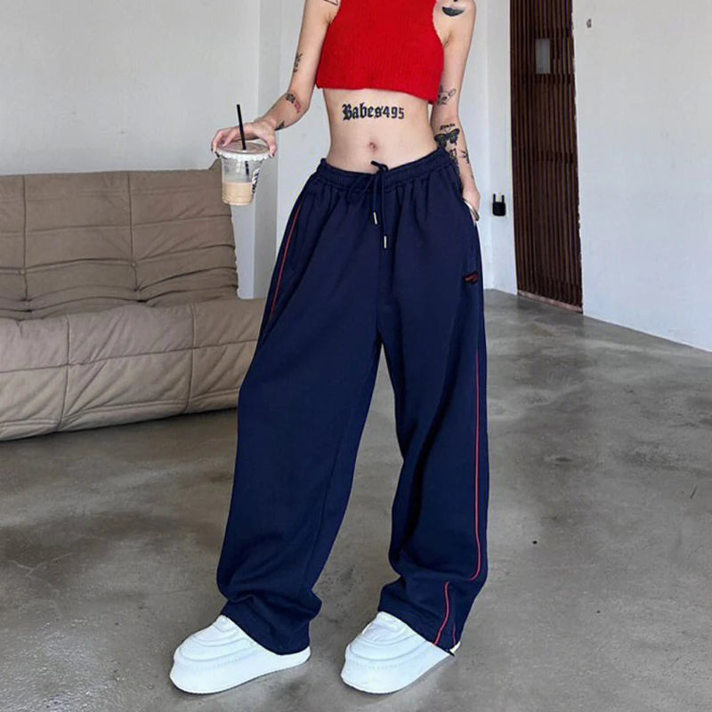 Oklulu  Vintage Baggy Jogging Striped Sweatpants Women Y2k Harajuku High Street Sport Pants Elastic Waist Straight Casual Trousers