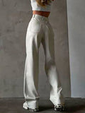 Oklulu  Fashion White PU Leather High Rise Pants Street wear Casual Button Up Straight Leg Pants for Women Trousers Pants