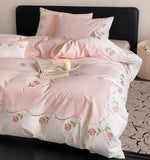 OKLULU  -  Romantic pink embroidery rose bed set single double,twin full queen king cotton home textile bed sheet pillow case quilt cover