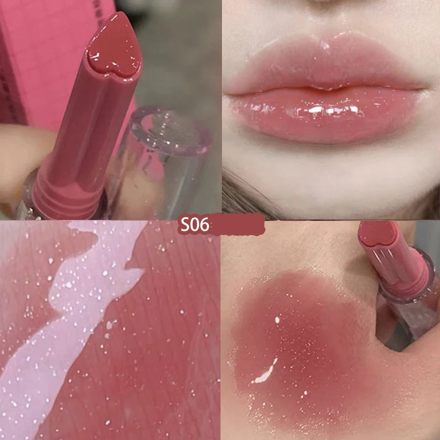 Oklulu Glitter Mirror Solid Lip Gloss Non-stick Cup Water Light Jelly Lip Tint Heart-shaped Moisturizing Lipstick Lips Makeup Cosmetic