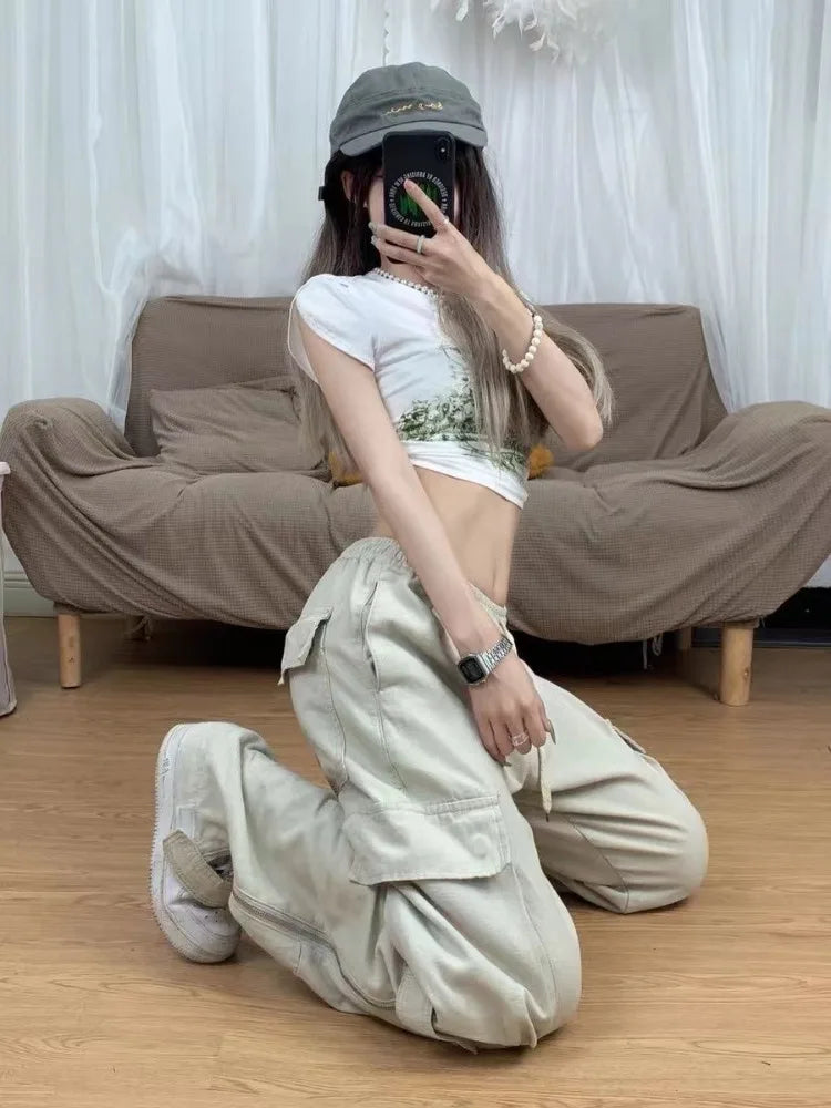 Oklulu  Y2k Big Pocket Cargo Pants Women Street wear Straight Wide Leg Trousers Vintage Design Side Zipper Drawtring Baggy Pants