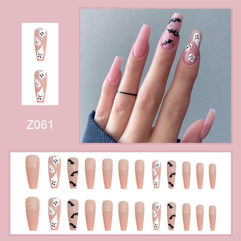 24Pcs Halloween False Nails Wearable French Long Fake Nails Coffin Ballet Press on Nail Black Pumpkin Patch Design Manicure Tips