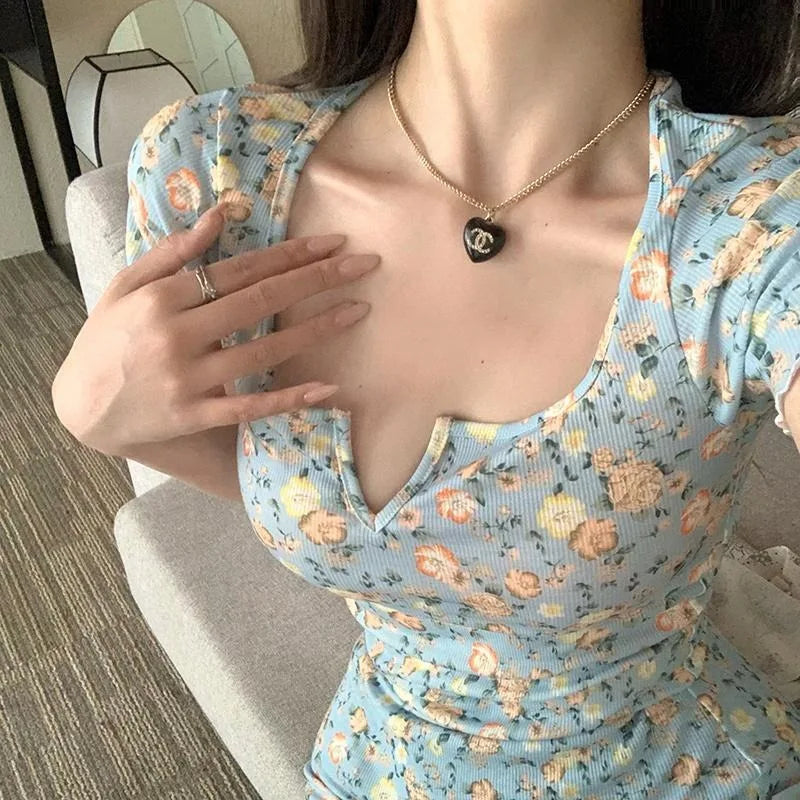 OKLULU  -  Floral Pastoral T-shirt Dress For Women 2024 Summer New Slim High Elastic Fashion Elegant Party Dress Retro Sweet Short Dresses.