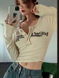 Oklulu Retro Graffiti Print Elastic T Shirt Women Sexy Slim Crop Top Ribbed Long Sleeve O-neck Tops Grunge Tee Ladies Y2K street wear