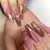 24pcs Removeable False Nails with Glue Ballet Nails with Designs Gradient Shinny Brown Press on Nails Coffin Glitter Fake Nails