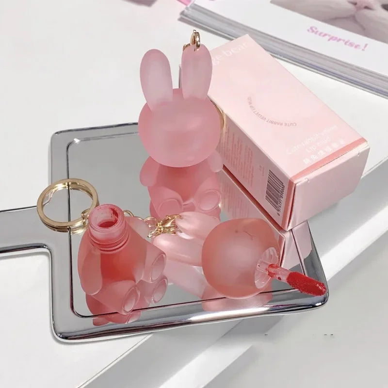 Oklulu  Cute Rabbit Matte Velvet Lip Glaze Summer Lovely Bunny Keychain Lip Mud Matte Texture Lipstick Pink Red Lip Gloss Tint Cosmetic