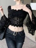 Oklulul Lace Crop Tops Women Sexy Off Shoulder Blouses Female Vintage Fashion Slim Tee Ladies Elegant Chic Slash Neck