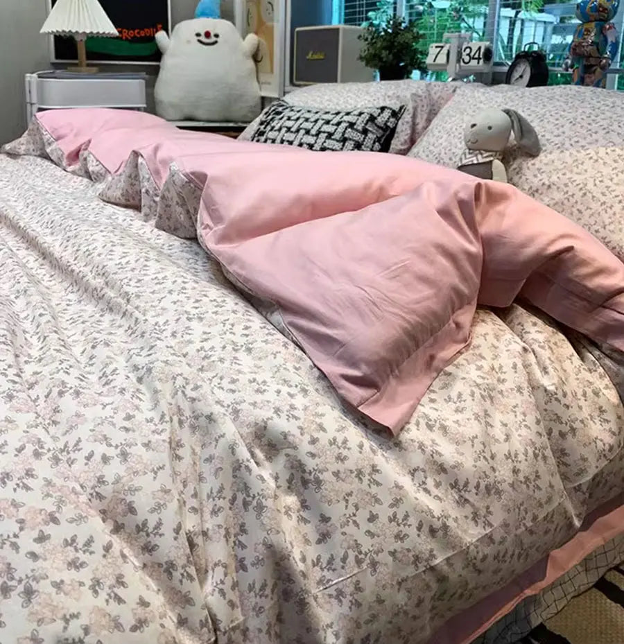 OKLULU  -  Fairyfair Sweet Pink Flower Bedding Set,full Queen King Fashion Pastoral Cotton Home Textile Bed Sheet Pillowcase Duvet Cover