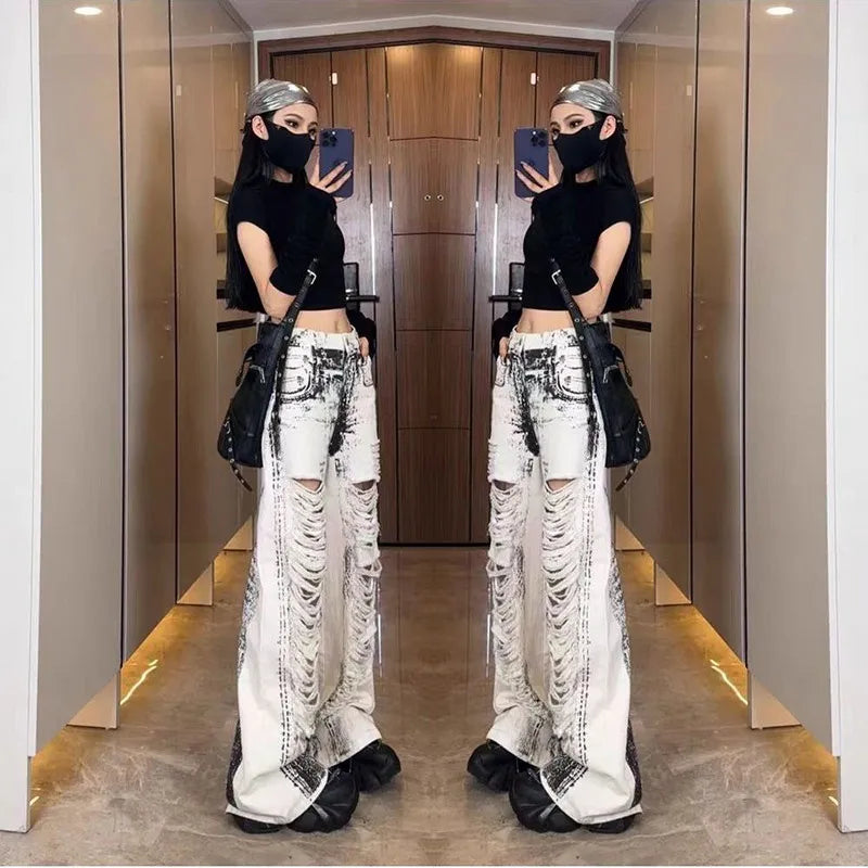 OKLULU  -  Women Grey Ripped Jeans High Waist America Feeling Street Wide Leg Pants Y2K Vintage Ins Straight Baggy Plus Size Denim Trousers