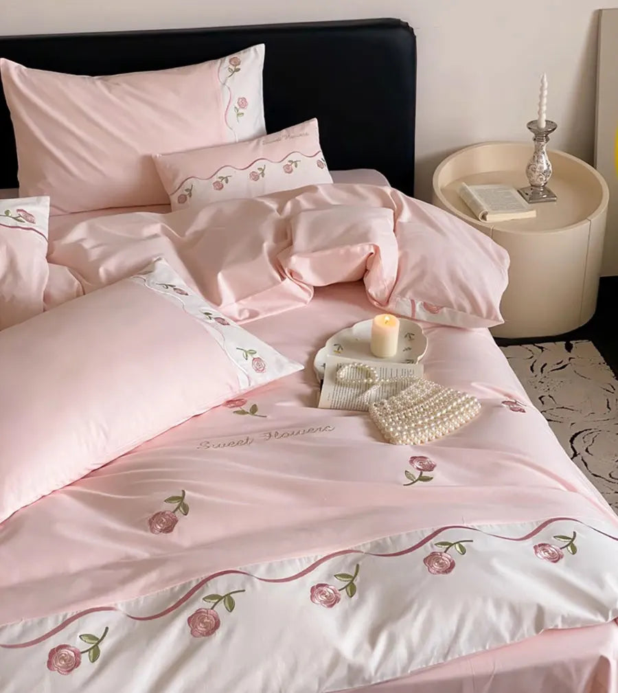 OKLULU  -  Romantic pink embroidery rose bed set single double,twin full queen king cotton home textile bed sheet pillow case quilt cover