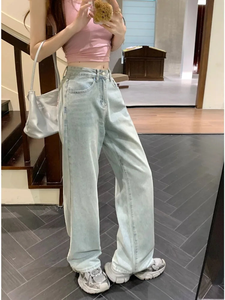 OKLULU  -  Sweet Blue Jeans for Women Bow Embroidery Straight Denim Trousers Y2k Vintage Korean Style Baggy High Waist Jeans Casual