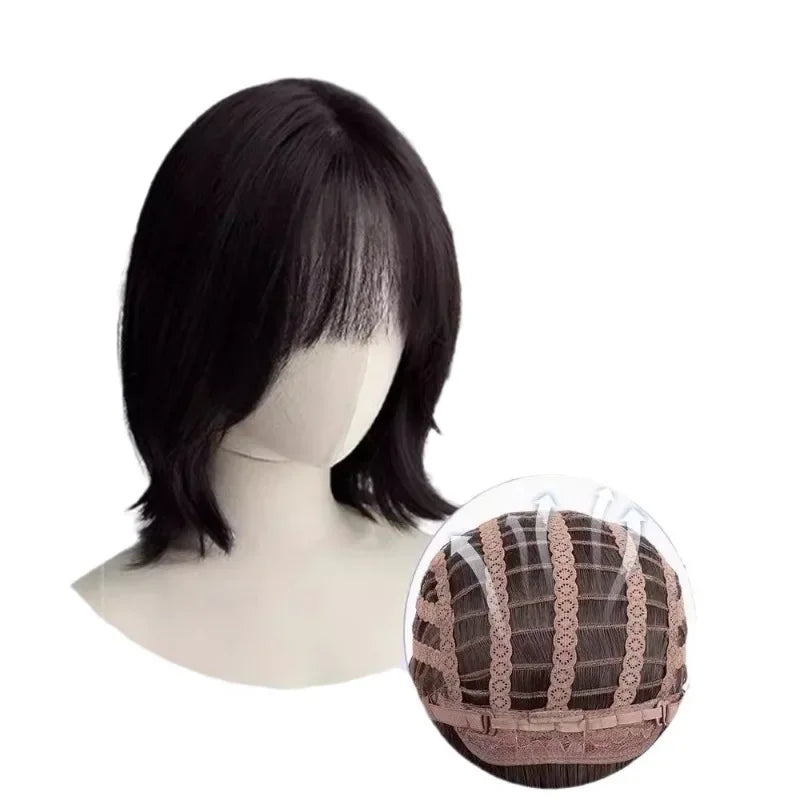 OKLULU  -  Short Wavy Bob Wigs for Women Black brown color Lolita Natural Synthetic Wig with Bangs for Girl Daily cosplay Heat Resistant